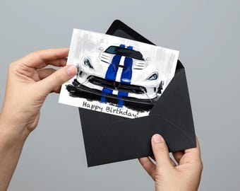 Dodge Viper Geburtstagskarte | Klassische Sportwagen-Grußkarte | Automobilkunst Druck & Geschenk für Ihn | Auto-Enthusiasten-Karte