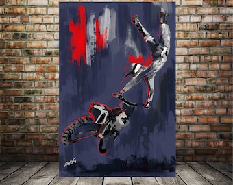 Impresión artística de motocross / Lienzo de motocicleta y póster giclée / Decoración de pared de deportes extremos / Regalo para esposo o novio