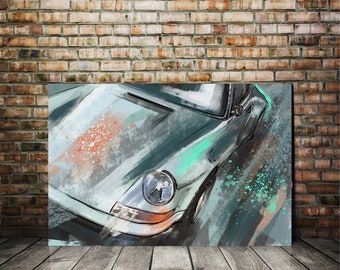 Porsche 911 Grau Grün Kunstdruck | Moderne Porsche Leinwand | Automobil-Wanddekor für Geschenke für Männerhöhle, Werkstatt und Autoliebhaber