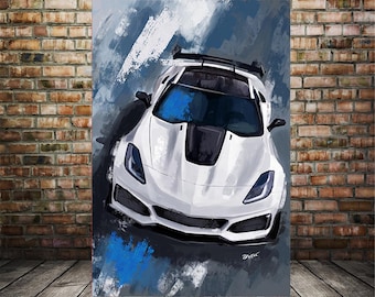 Op de afbeelding: Artistieke print van een witte sportwagen met zwarte details en blauwe accenten. De afbeelding toont een bovenaanzicht van het voertuig, tegen een achtergrond van blauwe en witte penseelstreken. Het ontwerp van de auto wordt benadrukt.