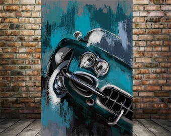 Op de afbeelding: Een teal groene vintage auto met chroomaccenten, geschilderd in een gestileerde abstracte stijl met penseelstreken.