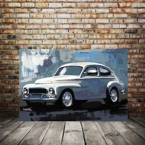 Car portrait, Volvo 1960 Car art, Volvo pv 544 Sport, Canvas art print, Automotive enthusiast decor, car artwork, auto sketch. Car painting
