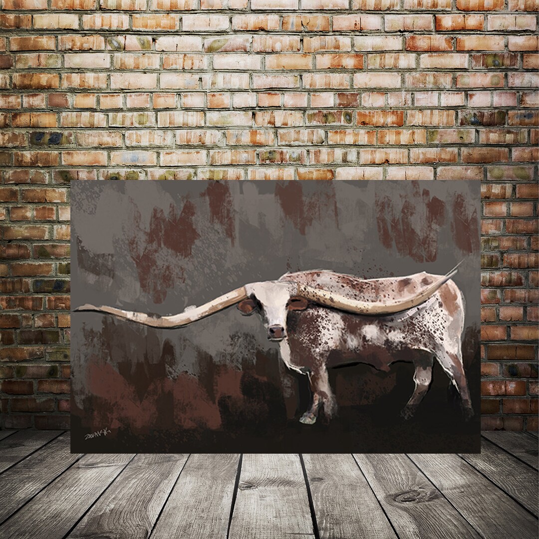Longhorn Cow Art Print – Rustic Texas Bull Painting, Modern Farmhouse ...