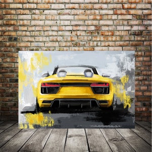 May include: A yellow sports car with a black interior and a gray background. The car is painted in a stylized, abstract style.