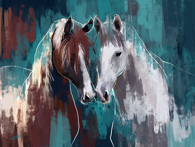 Two Horses Art Painting – Rustic Horse Wall Print, Farmhouse Canvas ...