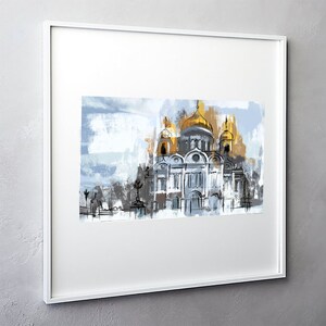 May include: A watercolor painting of a church with gold domes. The church is painted in shades of gray and blue, with a light blue sky in the background.