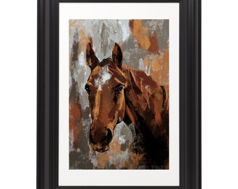 May include: A framed painting of a brown horse's head with a blurred background of brown, gray, and white paint.