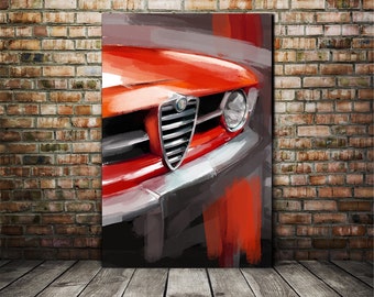 Grafika Alfa Romeo GTV | Sztuka pięknych włoskich samochodów sportowych w stylu vintage | Abstrakcyjna sztuka ścienna w stylu retro do luksusowych garaży, biur i pracowni
