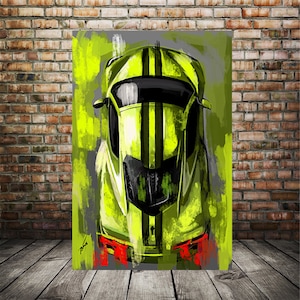 Dipinto C8 Corvette verde lime giallo, opera d'arte Chevy C8, arte murale colorata con cornice, dipinto auto personalizzato su tela, poster Corvette