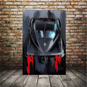 May include: A black vintage car with red tail lights, painted in a stylized, abstract style. The car is depicted against a dark, blurred background.