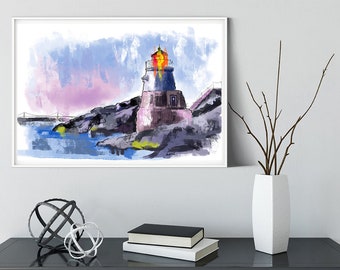 Rhode Island Lighthouse Art Print | RI Coastal Canvas Wall Art | Watercolor Nautical Decor | Lake Cottage Artwork | Birthday Lighthouse Gift