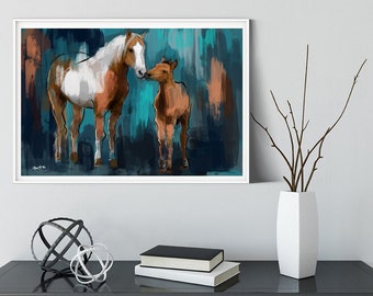 Schilderij moeder en kind paard – Muurkunst rustiek paard, canvas decor boerderij, kunstwerk van paarden voor landhuis of cadeau