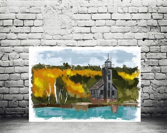 Lienzo con el faro de Holland, Michigan / Impresión en acuarela de los Grandes Lagos / Decoración de pared con cabaña en el lago / Arte costero para el hogar / Regalo de aniversario