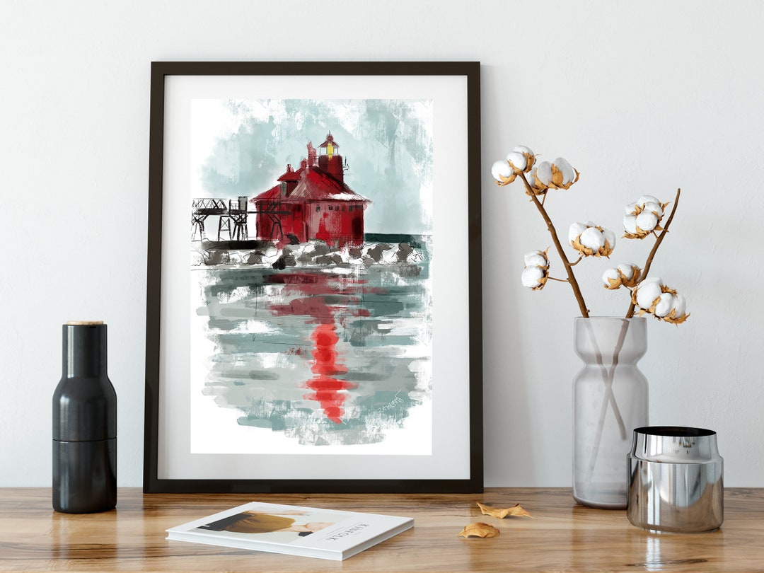 Lighthouse Watercolor Art Print – Coastal Nautical Illustration, Lake ...