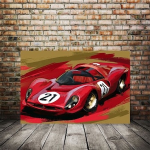 May include: A red race car with the number 21 on the side, painted in a stylized manner against a red and brown background.
