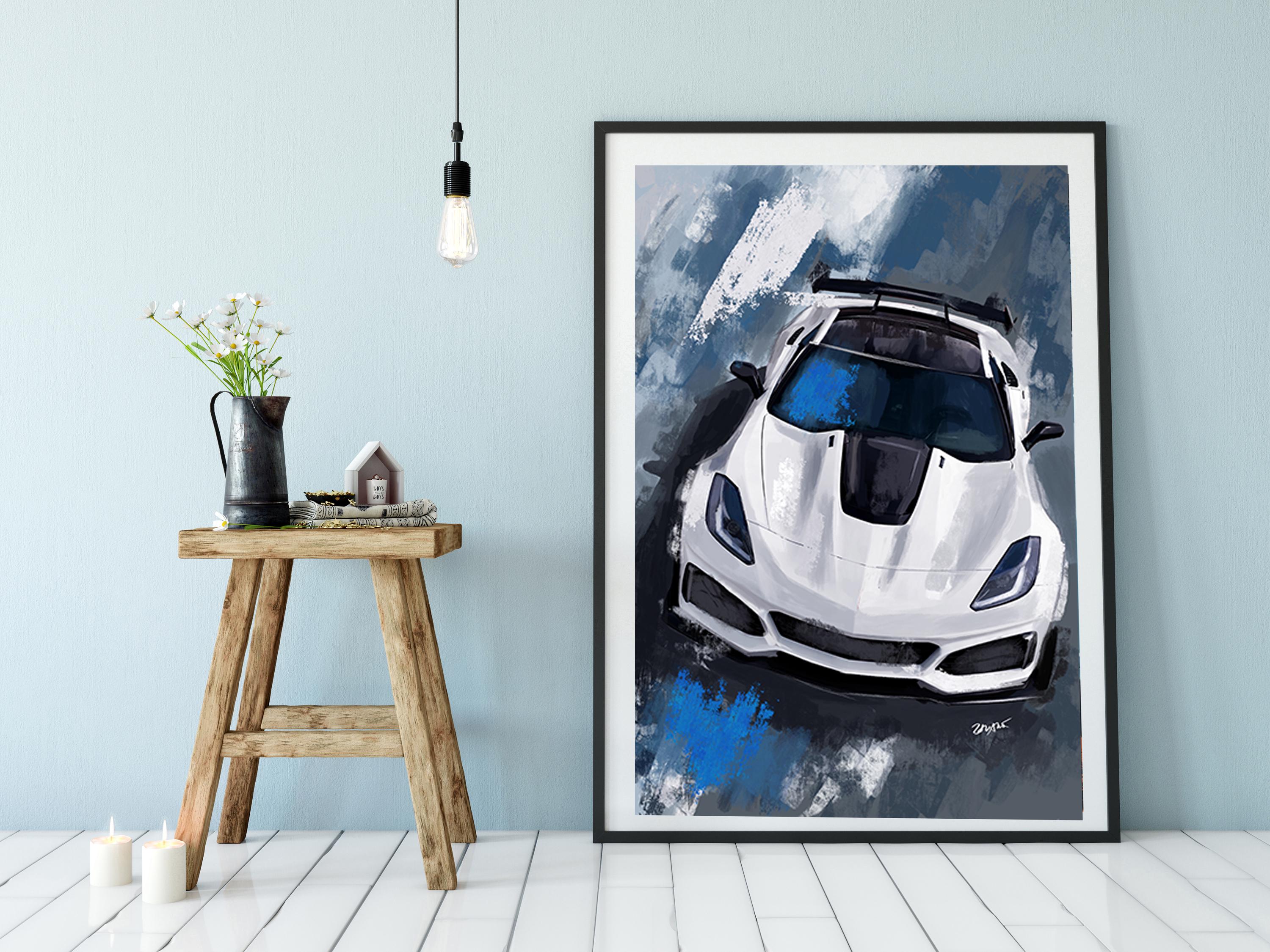 White C7 ZR1 Corvette Art Print With Racing Stripes | Chevy ZR1