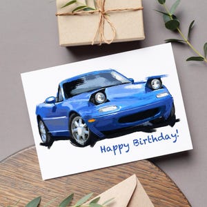 Cartão de aniversário azul Mazda Miata 1995, cartão de agradecimento Miata, impressão artística Mazda Miata, conjunto de cartões de aniversário, cartões pessoais, aniversário azul Miata