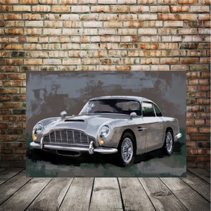 Aston Martin silver, automotive painting, car canvas print, garage decor, large canvas print james bond car, british classic