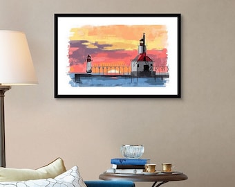 Art mural phare Saint-Joseph, impression lac Michigan, toile phare aquarelle, décoration de chalet dans le nord, oeuvre d'art nautique lac Michigan