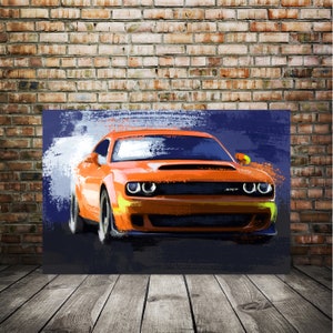 Orange Challenger art print, Automotive art gift, dodge challenger artwork, Car enthusiast art, Dodge mopar widebody, Challenger canvas