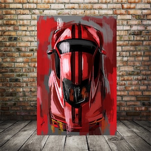 Impression d'art Corvette C8 rouge avec des rayures, oeuvre d'art Chevy C8, art de passionné de voiture, art de voiture de course, décor de garage homme cave, art mural coloré encadré