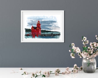 Impression d'art grand phare rouge - aquarelle Holland Michigan, art mural toile lac Michigan, décoration de chalet du nord, oeuvre d'art côtière