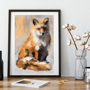 May include: A framed painting of a red fox sitting with its tail curled around its body. The fox has a white chest and a bushy tail. The background is a muted gray and orange.