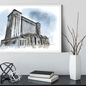 Stazione centrale di Detroit, stampa d&#39;arte di Detroit, stazione ferroviaria di Detroit, acquerello di stampa d&#39;arte, stampa su tela incorniciata, regalo della città di Detroit Michigan