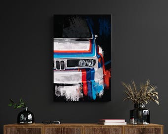 Impresión en lienzo de BMW, arte de carreras personalizado de BMW, arte automotriz M3, pintura, obra de arte de BMW, ilustración automotriz colorida, arte de autos clásicos vintage