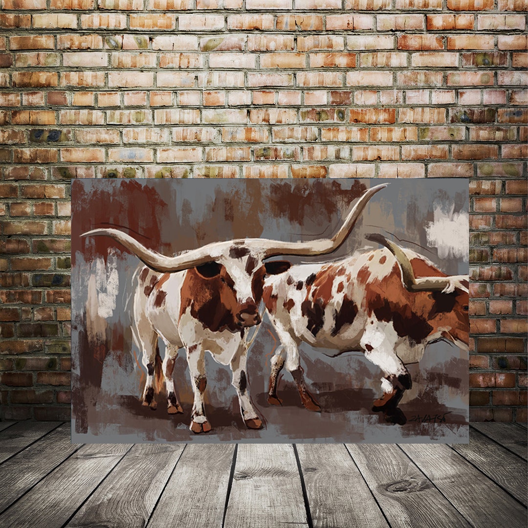 Longhorn Cow Art Print – Rustic Texas Bull Canvas, Modern Farmhouse ...