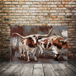Long horn cow print, modern farmhouse, Rustic cow painting,Long Horn Texas cow, western home decor, bull art decor