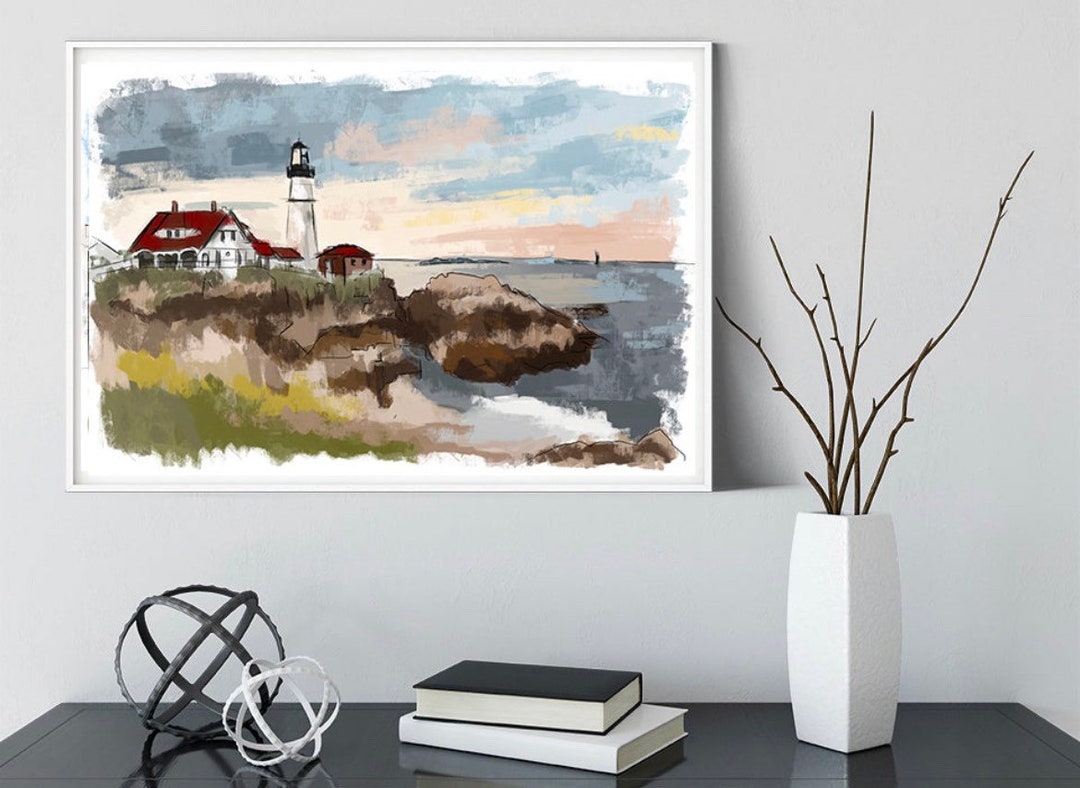Portland Head Lighthouse Art Print – Maine Coastal Watercolor ...