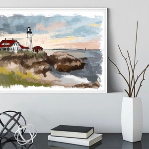 Portland Lighthouse, Inn by the Sea, Maine Lighthouse, watercolor painting, lighthouse illustration, lake house art, cottage canvas print