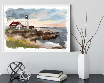 Portland Head Lighthouse Art Print – Maine Coastal Watercolor, Lighthouse Illustration, Cottage Canvas Wall Art, Seaside Home Decor, Beach