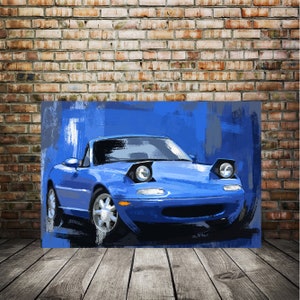 Mazda canvas artwork, Blue Mazda car illustration, Car enthusiast art, Automotive painting, Garage art print, Christmas gift for Mazda fan