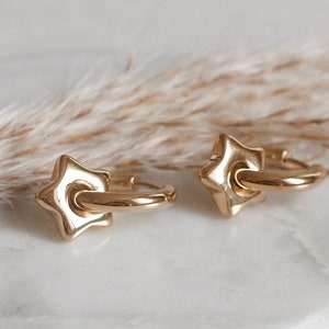 Star Charm Hoops Earrings · Puffy Dangle Charm Earrings · 18K Gold Plated Stainless Steel · Dainty Modern Hoops · Waterproof Hoop Earrings