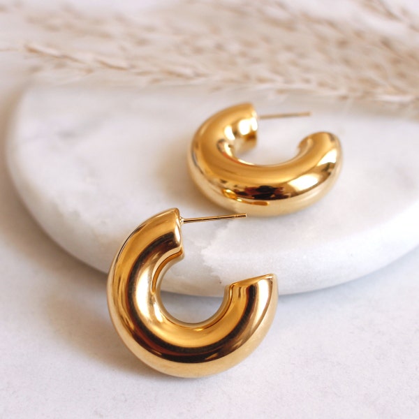Chunky Gold Hoops · Thick Gold Women Earrings · 18k Gold Statement Earrings · Large Gold Hoops · Bold Gold Hoops · Waterproof Gold Earrings