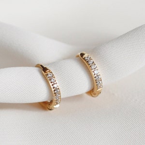 Pave Petite 10, 12, 14 mm Hoop Earrings • Diamond Huggie Earrings • 14k Gold Plated Minimalist Huggie Earrings · Small Stainless Steel Hoops