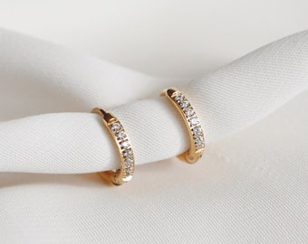 Pave Petite 10, 12, 14 mm Hoop Earrings • Diamond Huggie Earrings • 14k Gold Plated Minimalist Huggie Earrings · Small Stainless Steel Hoops