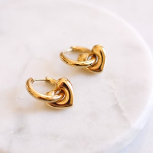 Heart Dangle Hoop Earrings · Chunky Heart Earrings · 14k Gold Plated Heart Earrings ·  Gold Heart Charm Earrings · Huggie Dangle Earring