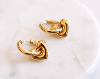 Heart Dangle Hoop Earrings · Chunky Heart Earrings · 14k Gold Plated Heart Earrings ·  Gold Heart Charm Earrings · Huggie Dangle Earring