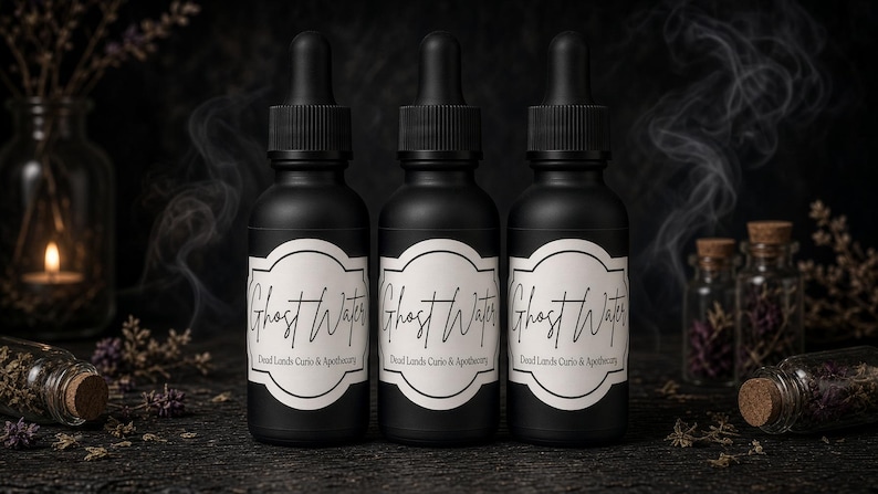 May include: Three matte black dropper bottles with white labels featuring the text Ghost Water and Dead Lands Curio & Apothecary. Each bottle has a black dropper cap and is arranged in a row against a dark background with wisps of smoke.