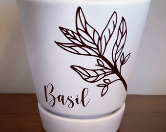 Basil Planter - Cute gift, Planter w/ saucer (white), Herbs, Spices, Homegrown