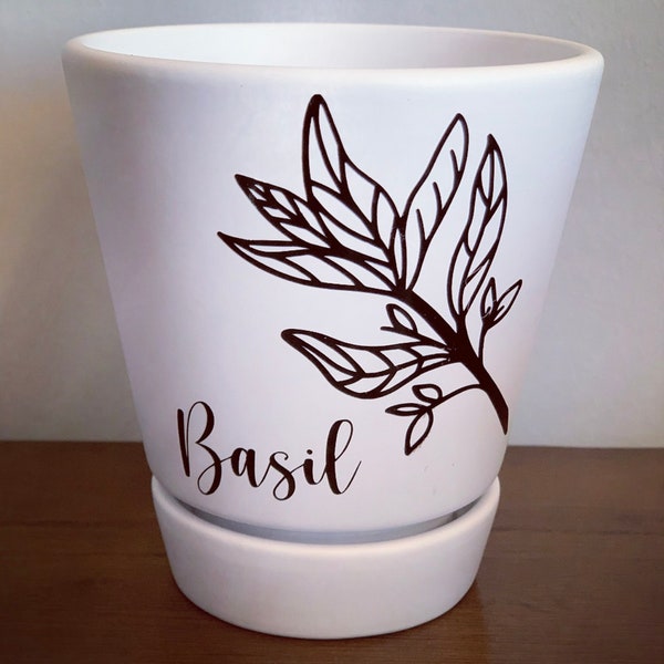 Basil Planter - Cute gift, Planter w/ saucer (white), Herbs, Spices, Homegrown