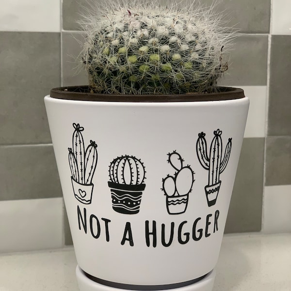 Not a Hugger Planter - Plant pun, Cute funny gift, Indoor planter w/ saucer (white), Succulent, Cactus, Aloe