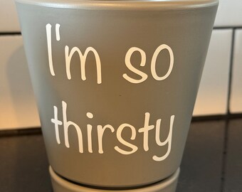 Doniczka „I'm So Thirsty” – żart słowny o roślinach, uroczy, zabawny prezent, sukulent, aloes, kaktus, doniczka ze spodkiem (biała)