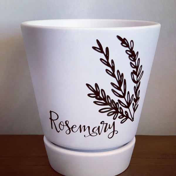 Rosemary Planter - Cute gift, Planter w/ saucer (white), Herbs, Spices, Homegrown