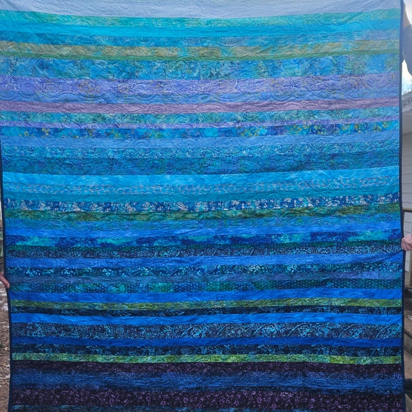 Ocean Waves Quilt, Handmade, Wedding, Valentines gift, Blue, Teal, Green, Purple, Full, Queen size