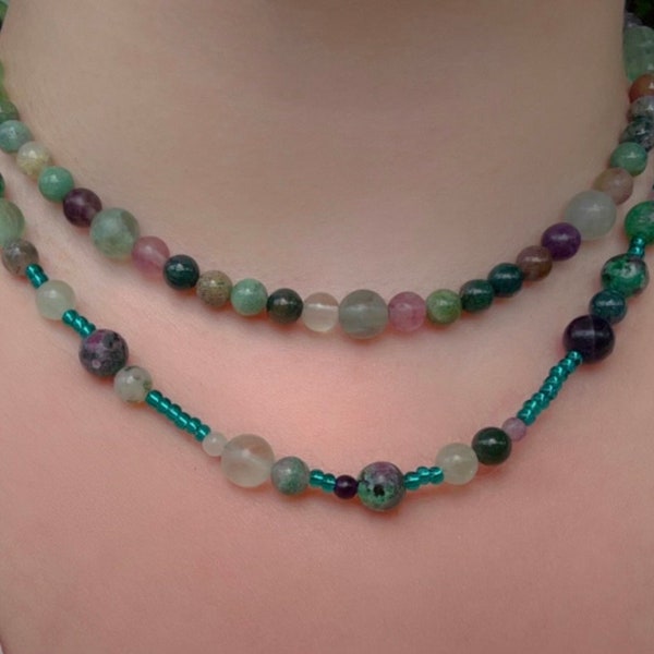 Double strand Crystal necklace• Gemstones• Indian Jade• Moss Agate• Fluorite•