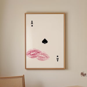 Carta da gioco, stampa con asso di picche, labbra con bacio retrò alla moda, stampa con femme fatale / Estetica da appartamento / Download immediato